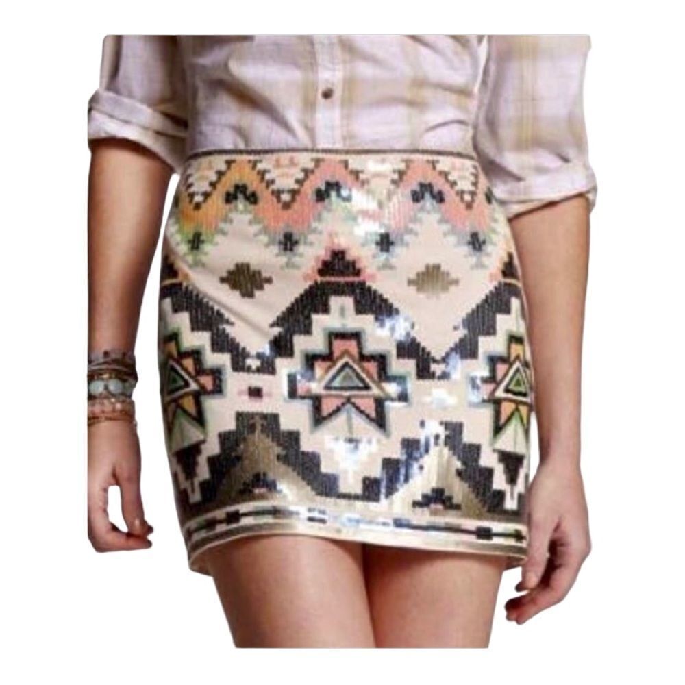 Express Aztec Design Sequin Pull-on Mini Skirt XS NWOT‎